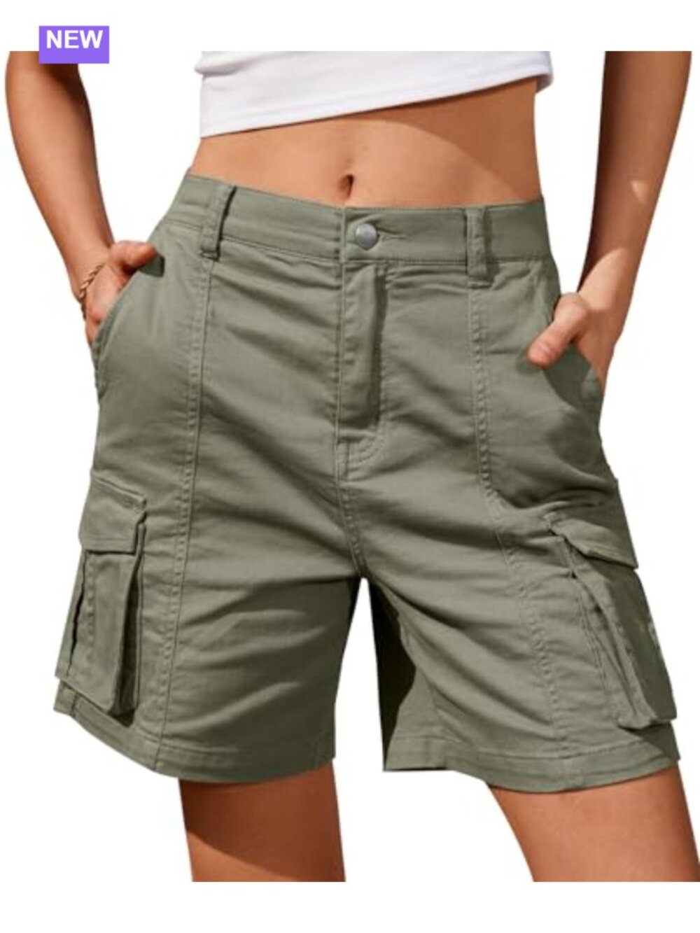 Women's Cargo Bermuda Shorts Knee Length 6 Pockets Elastic Waist Summer Casual
